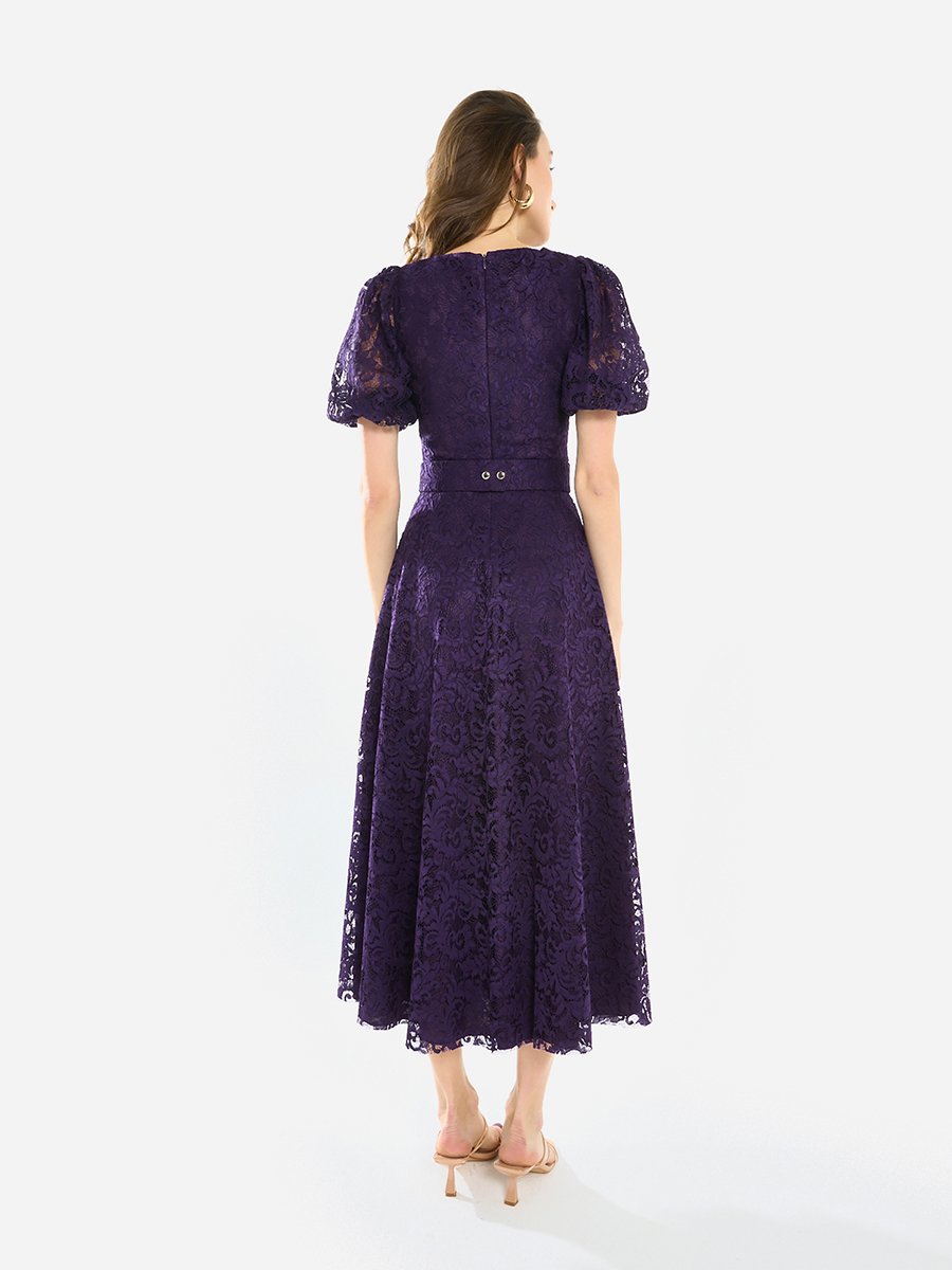 Women Floral Lace Puff Sleeve Midi Dress