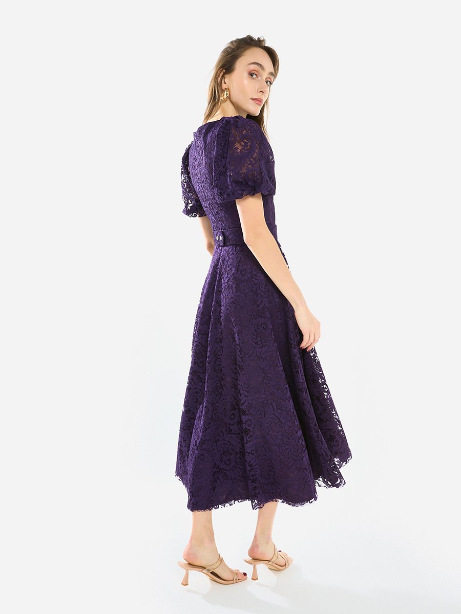 Women Floral Lace Puff Sleeve Midi Dress