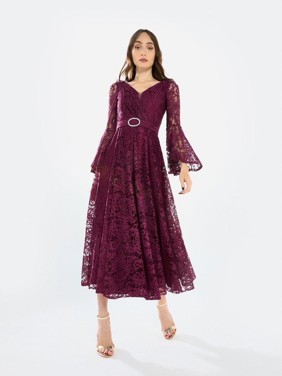 Women Lace Flare Sleeve Midi Dress