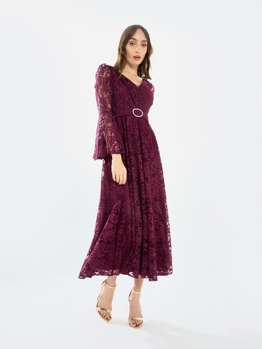 Women Lace Flare Sleeve Midi Dress