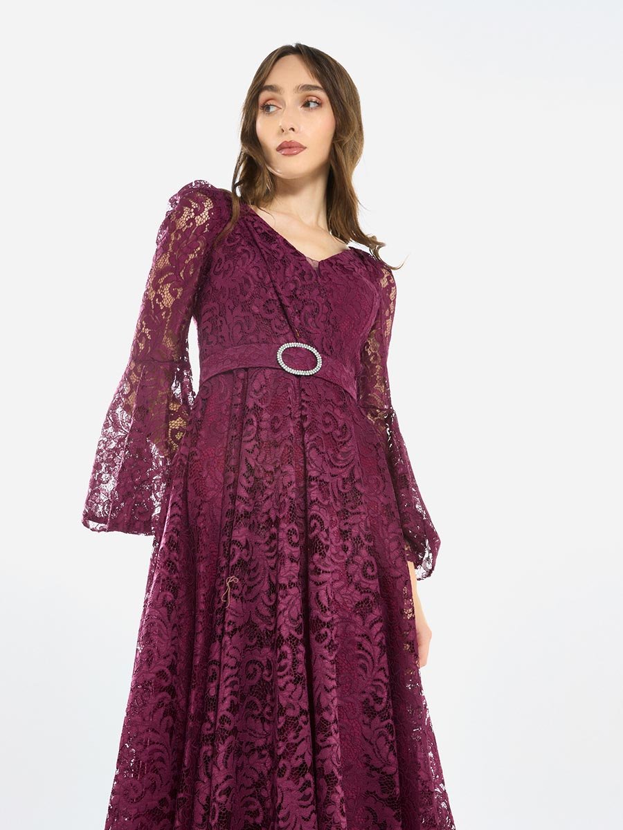 Women Lace Flare Sleeve Midi Dress