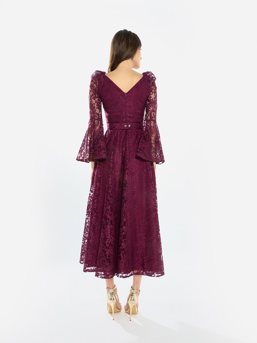 Women Lace Flare Sleeve Midi Dress