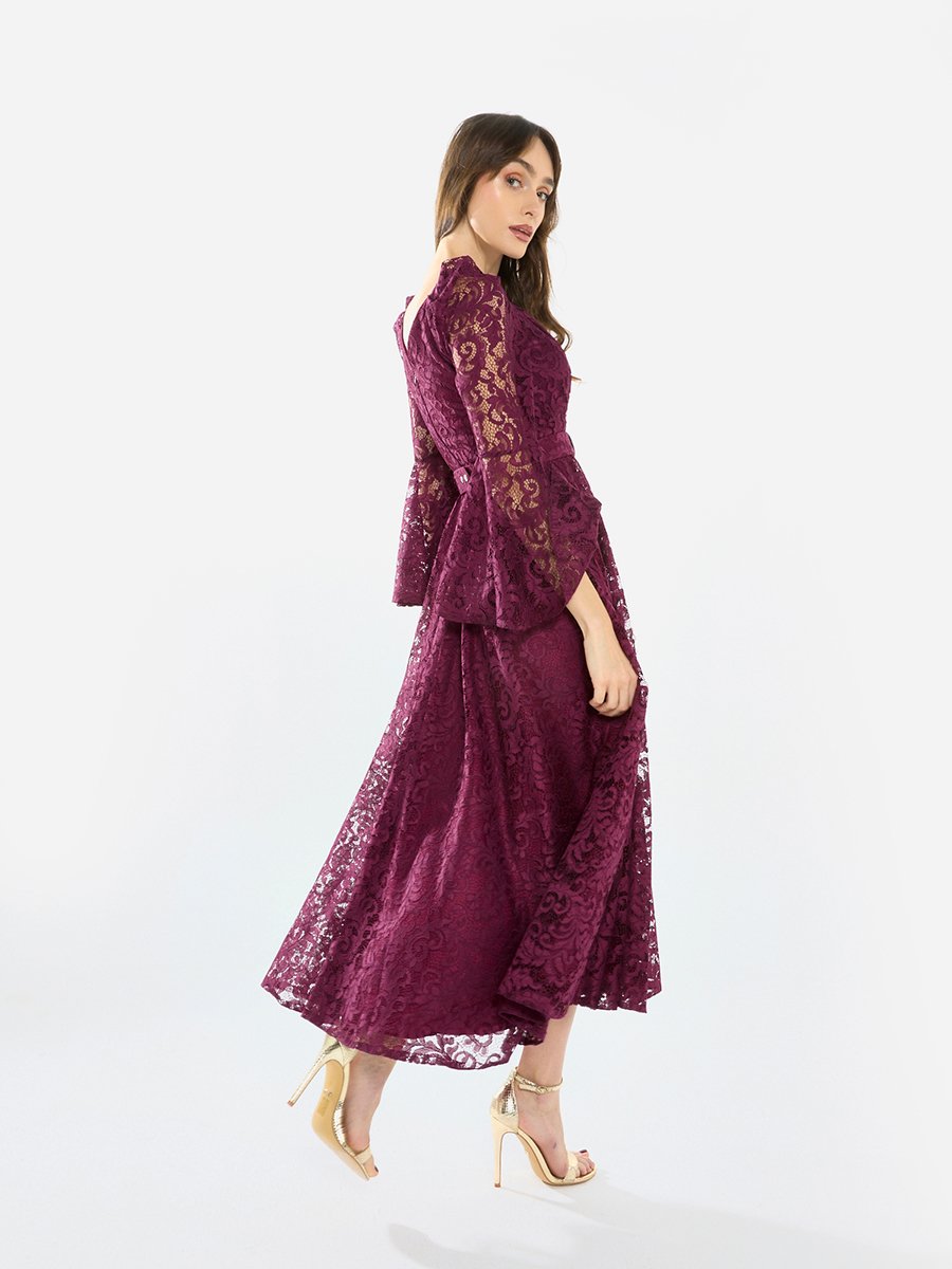 Women Lace Flare Sleeve Midi Dress