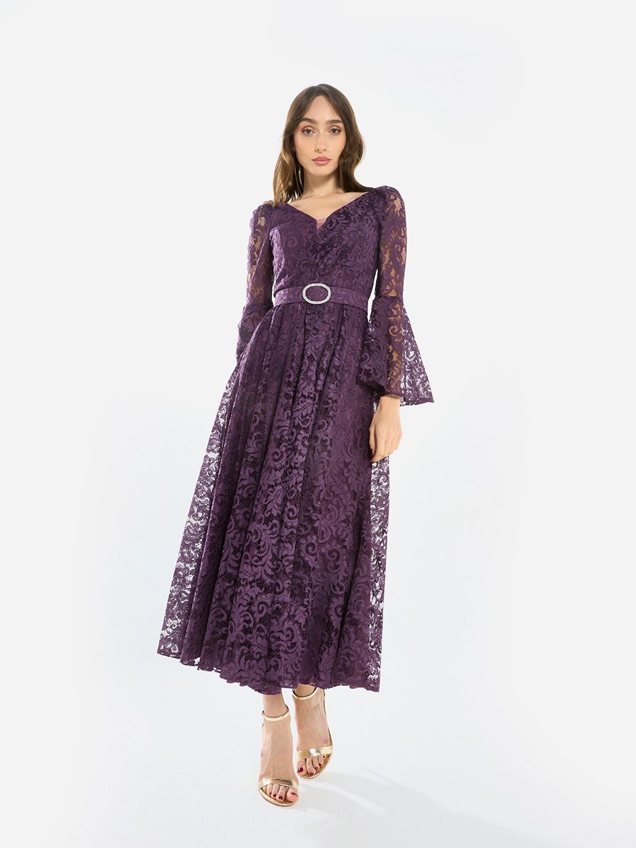 Women Lace Flare Sleeve Midi Dress For Default Category at Kuwait | Styli Women Lace Flare Sleeve Midi Dress For Default Category at Kuwait | Styli