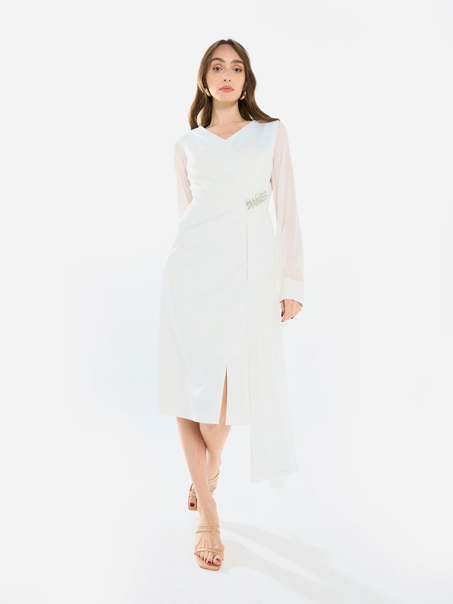 Women Draped Crystal Waist Midi Dress