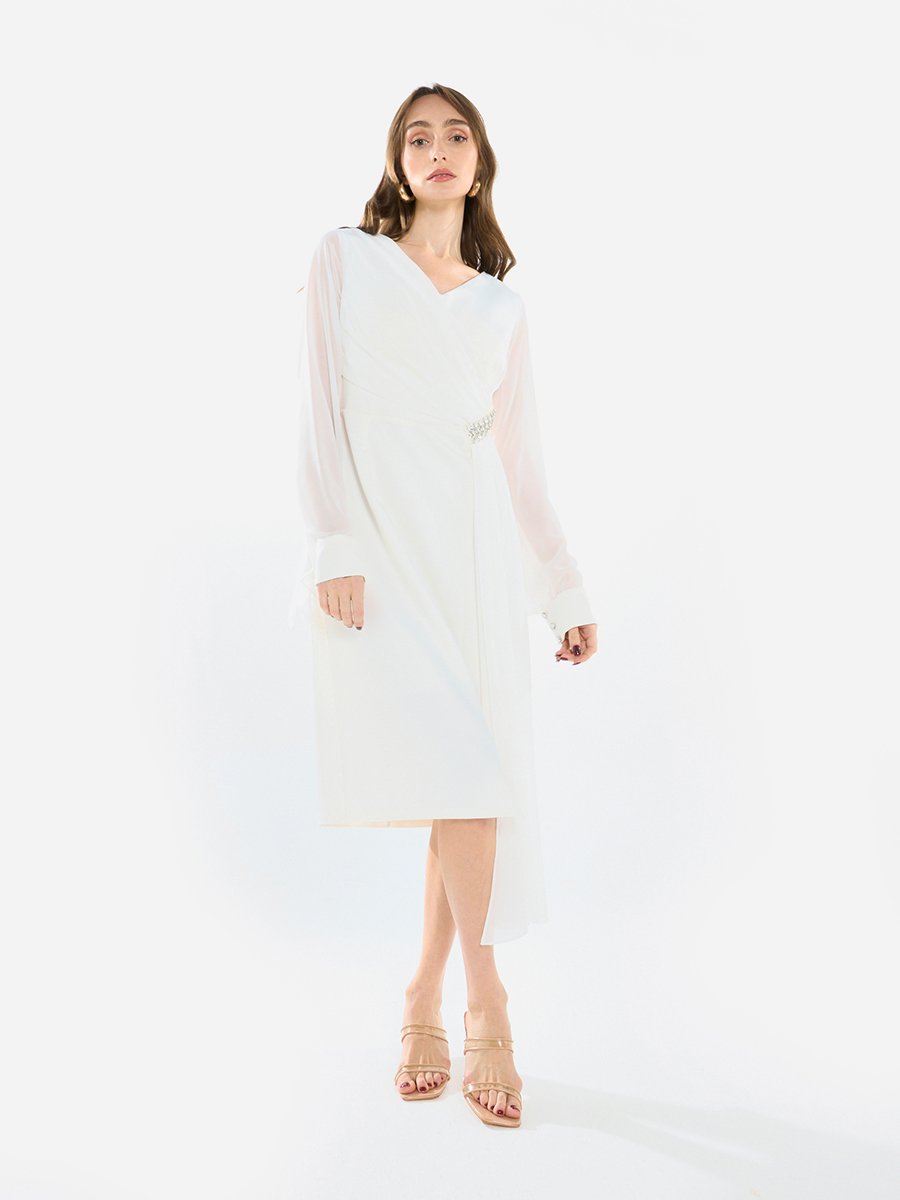Women Draped Crystal Waist Midi Dress