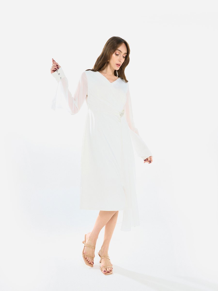 Women Draped Crystal Waist Midi Dress