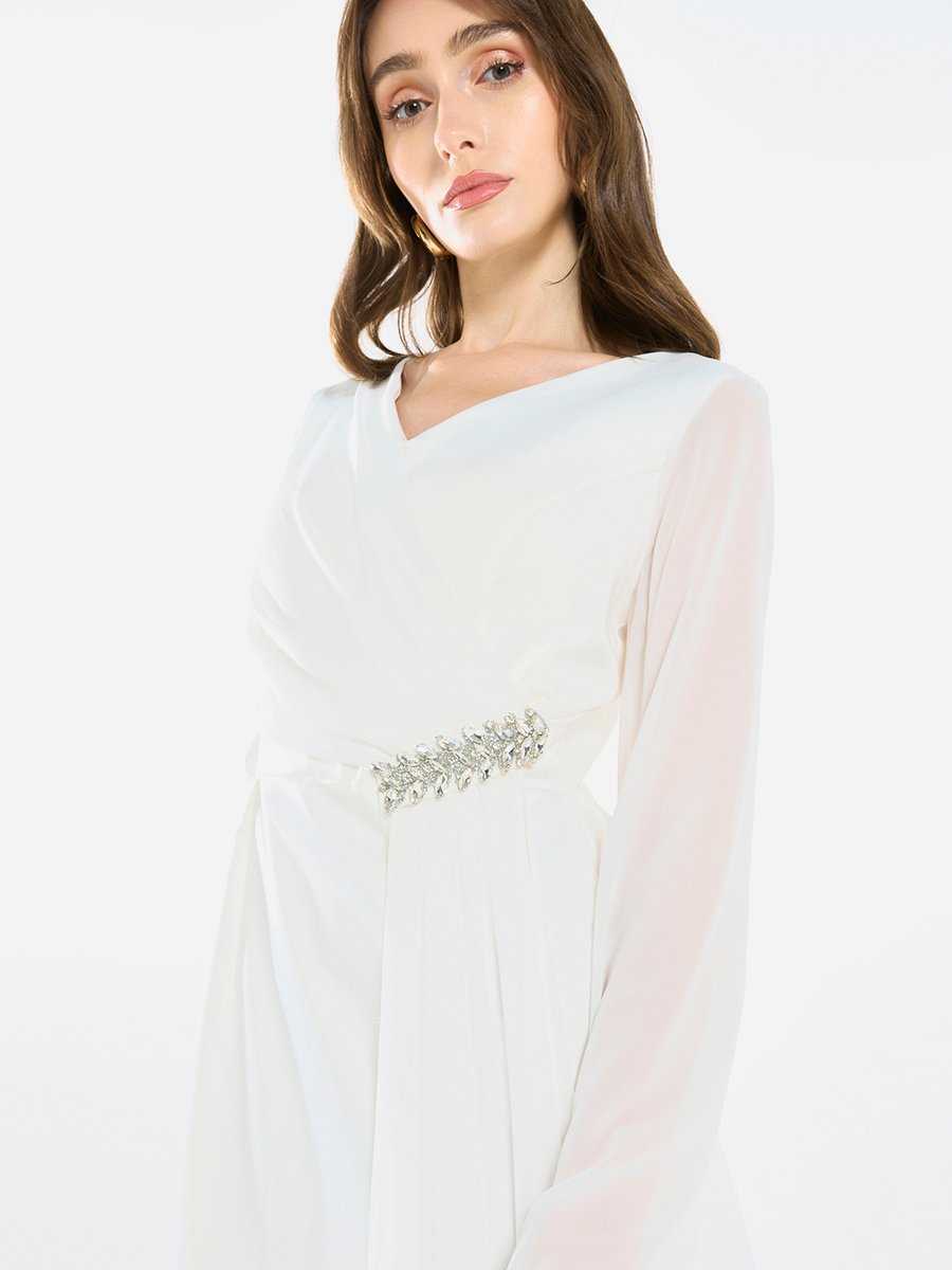 Women Draped Crystal Waist Midi Dress