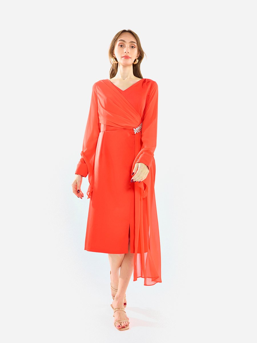 Women Draped Crystal Waist Midi Dress