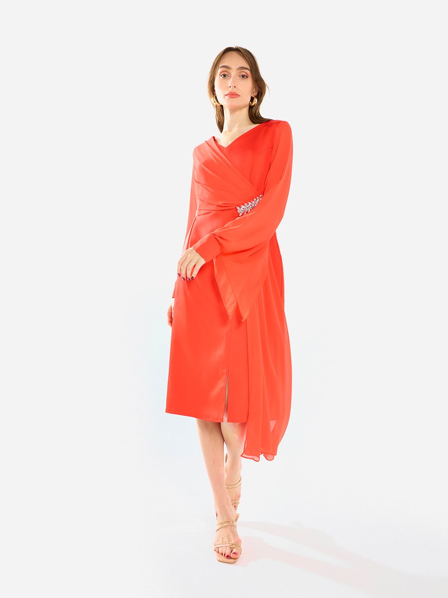Women Draped Crystal Waist Midi Dress