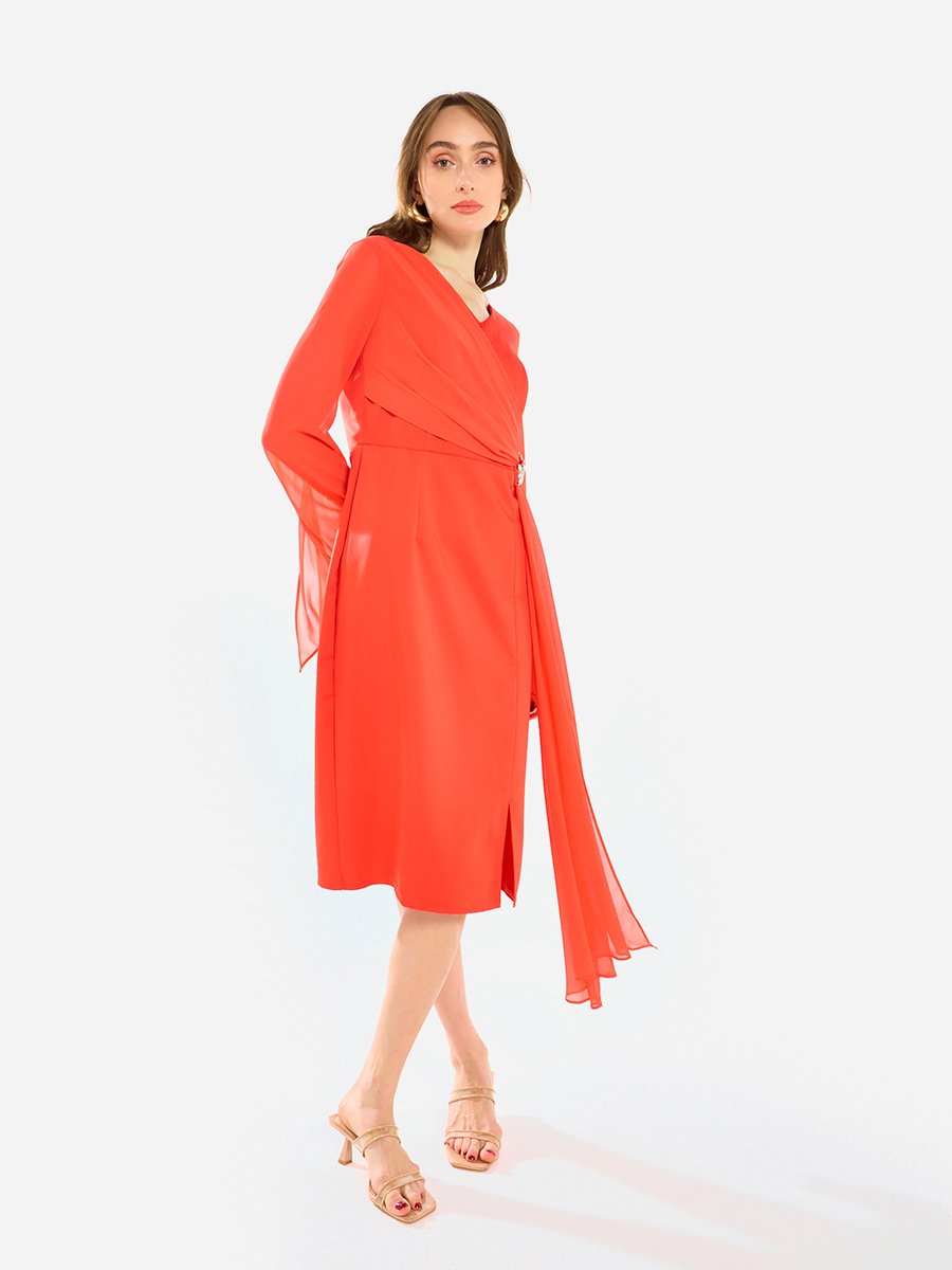 Women Draped Crystal Waist Midi Dress