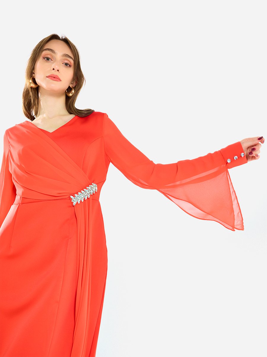 Women Draped Crystal Waist Midi Dress