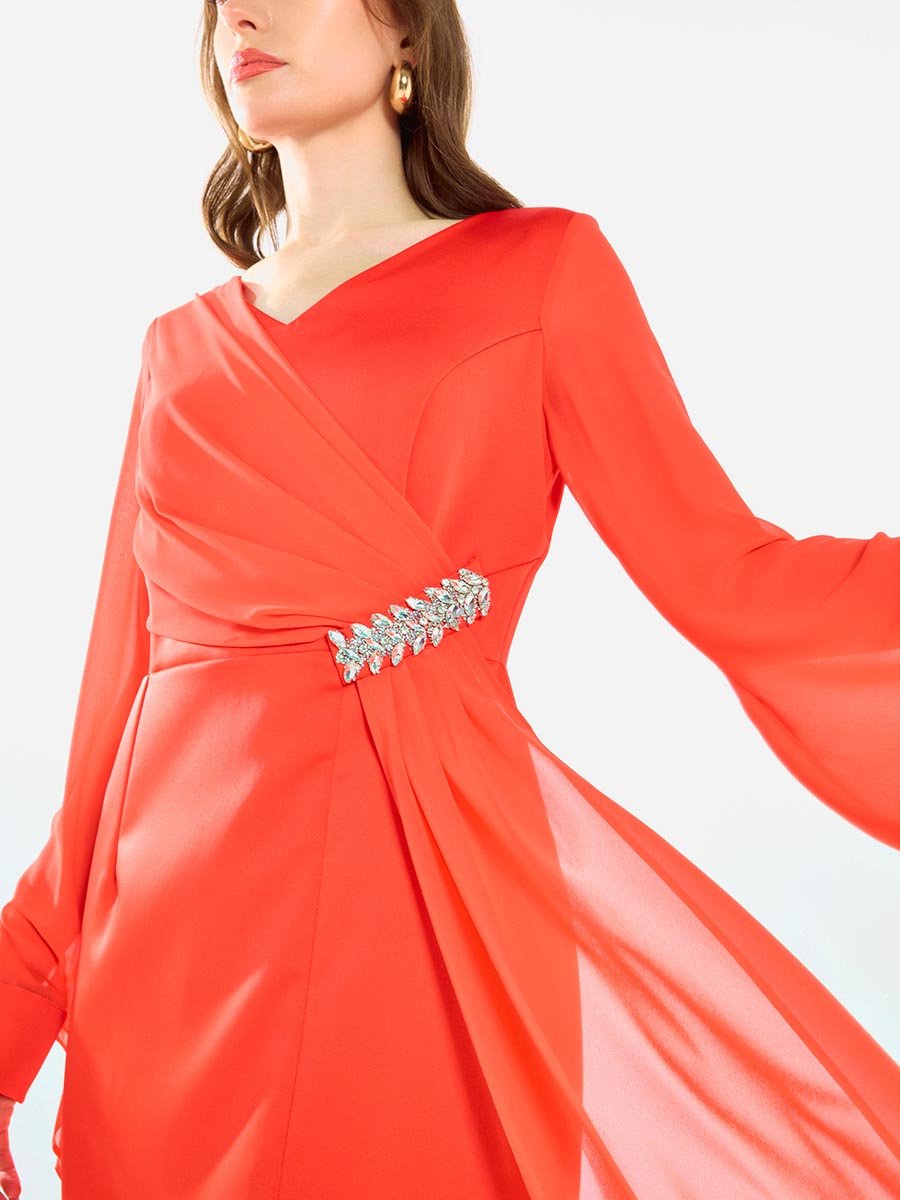 Women Draped Crystal Waist Midi Dress