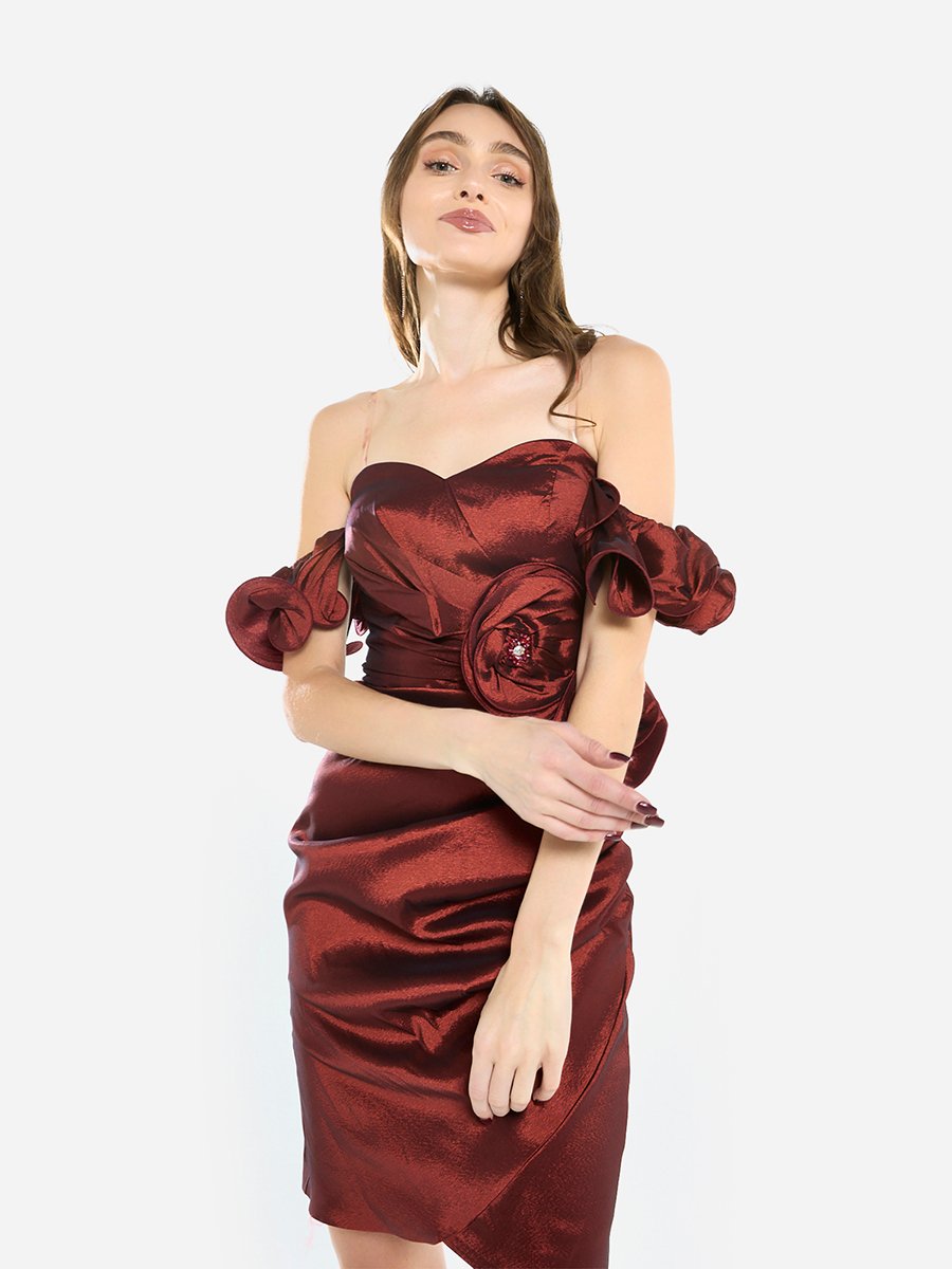 Women Rosette Detail Satin Mini Dress