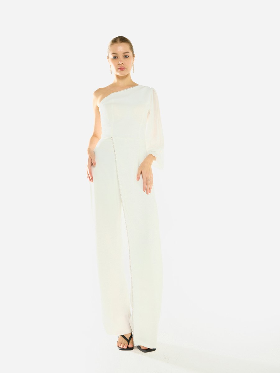 Women Crystal Trim One Shoulder Jumpsuit