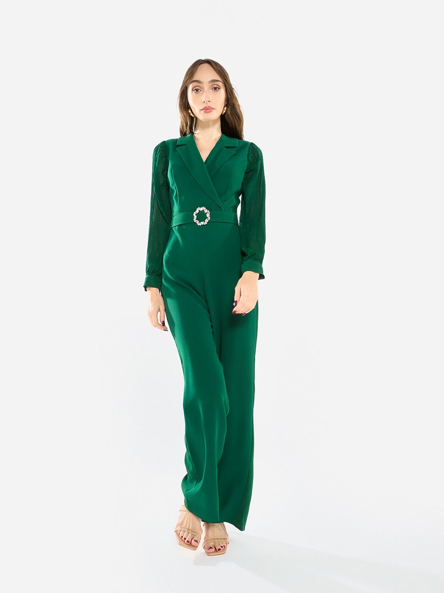 Women Notch Lapel Straight Leg Jumpsuit
