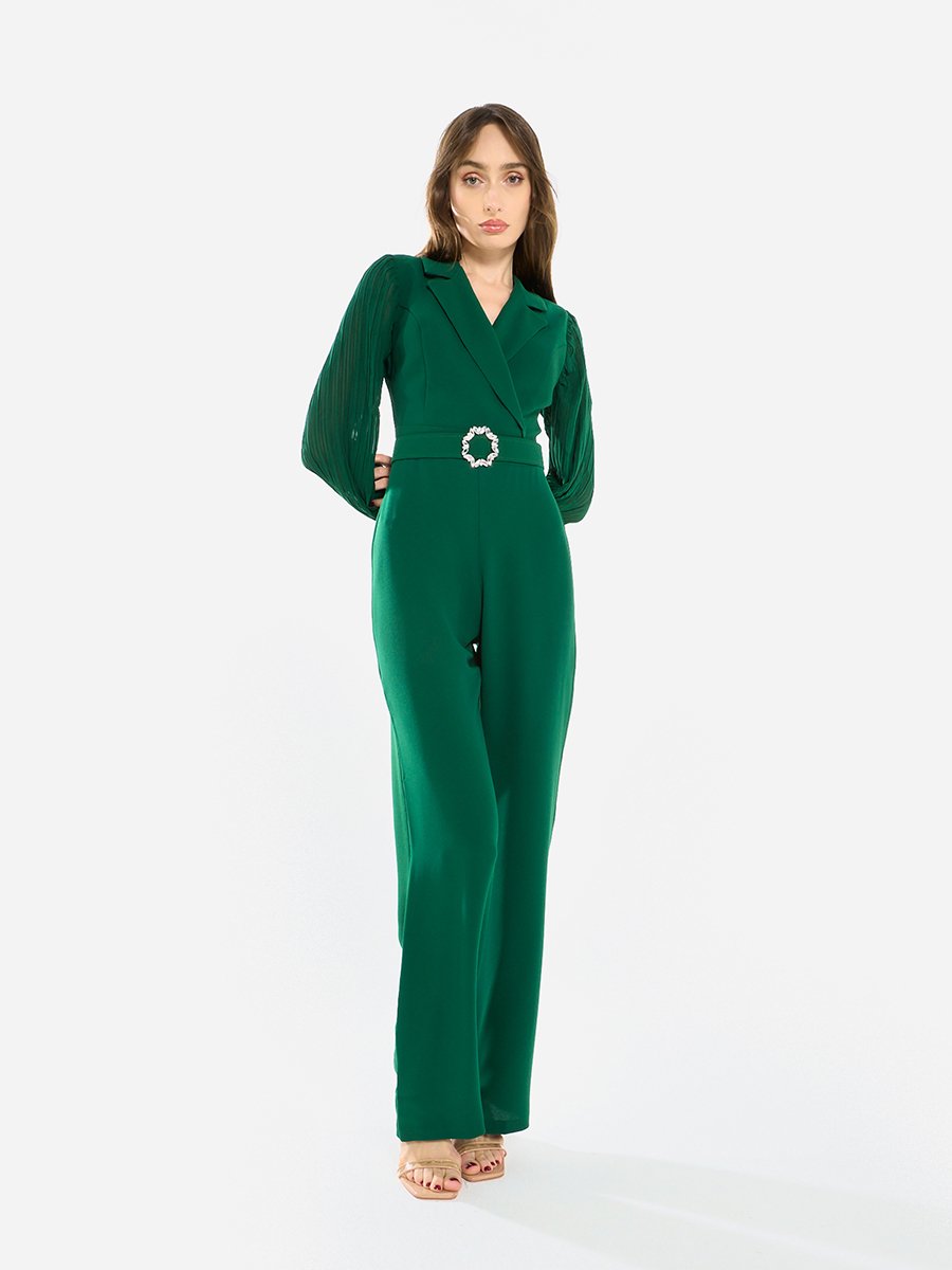 Women Notch Lapel Straight Leg Jumpsuit