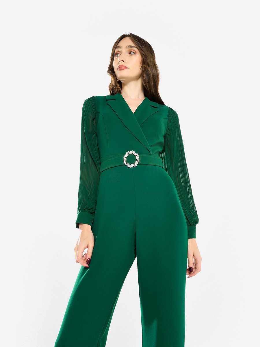 Women Notch Lapel Straight Leg Jumpsuit