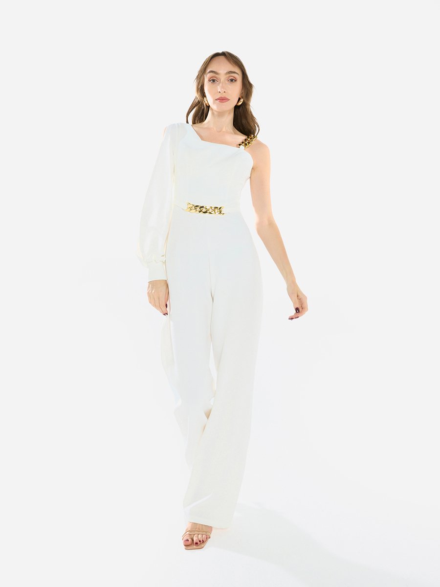 Women One Shoulder Chain Accent Jumpsuit