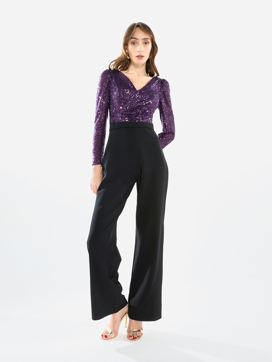 Women V Neck Sequin Wrap Bodice Jumpsuit