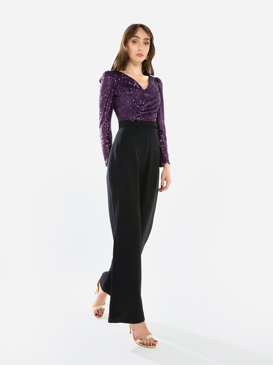 Women V Neck Sequin Wrap Bodice Jumpsuit