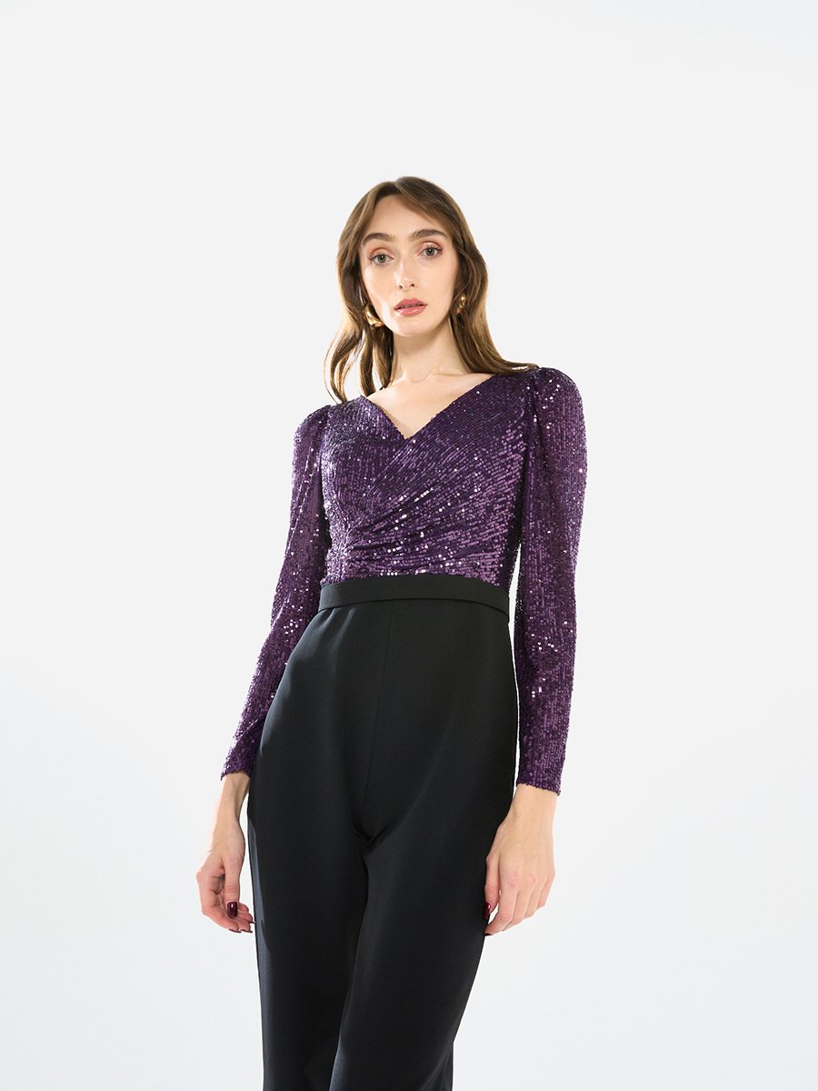 Women V Neck Sequin Wrap Bodice Jumpsuit