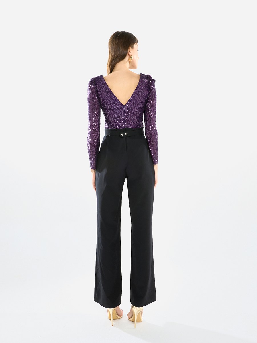 Women V Neck Sequin Wrap Bodice Jumpsuit