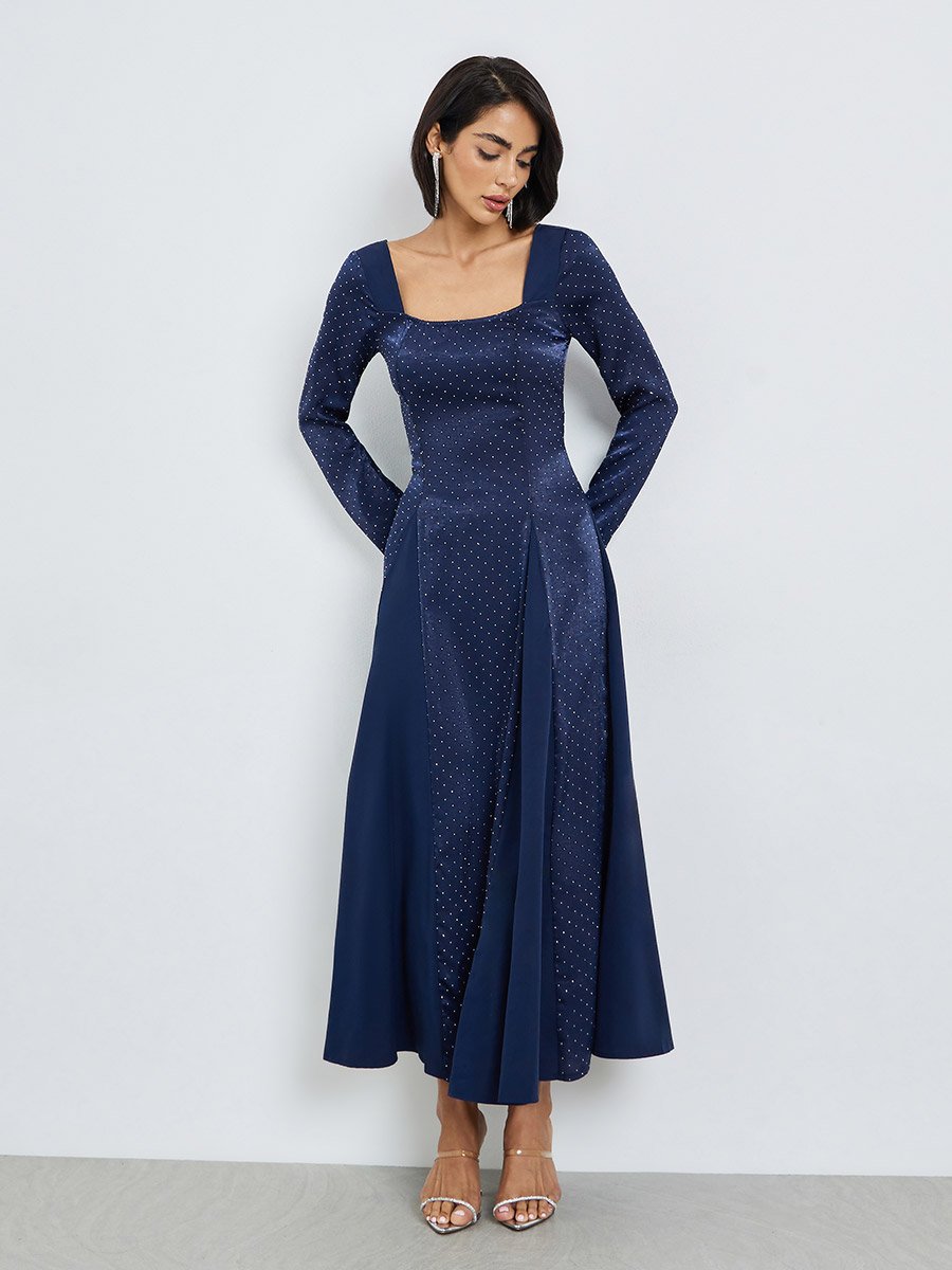 knee length dresses for ladies 'Brynn' Cotton Square Neck Maxi Dress in Blue main image 1