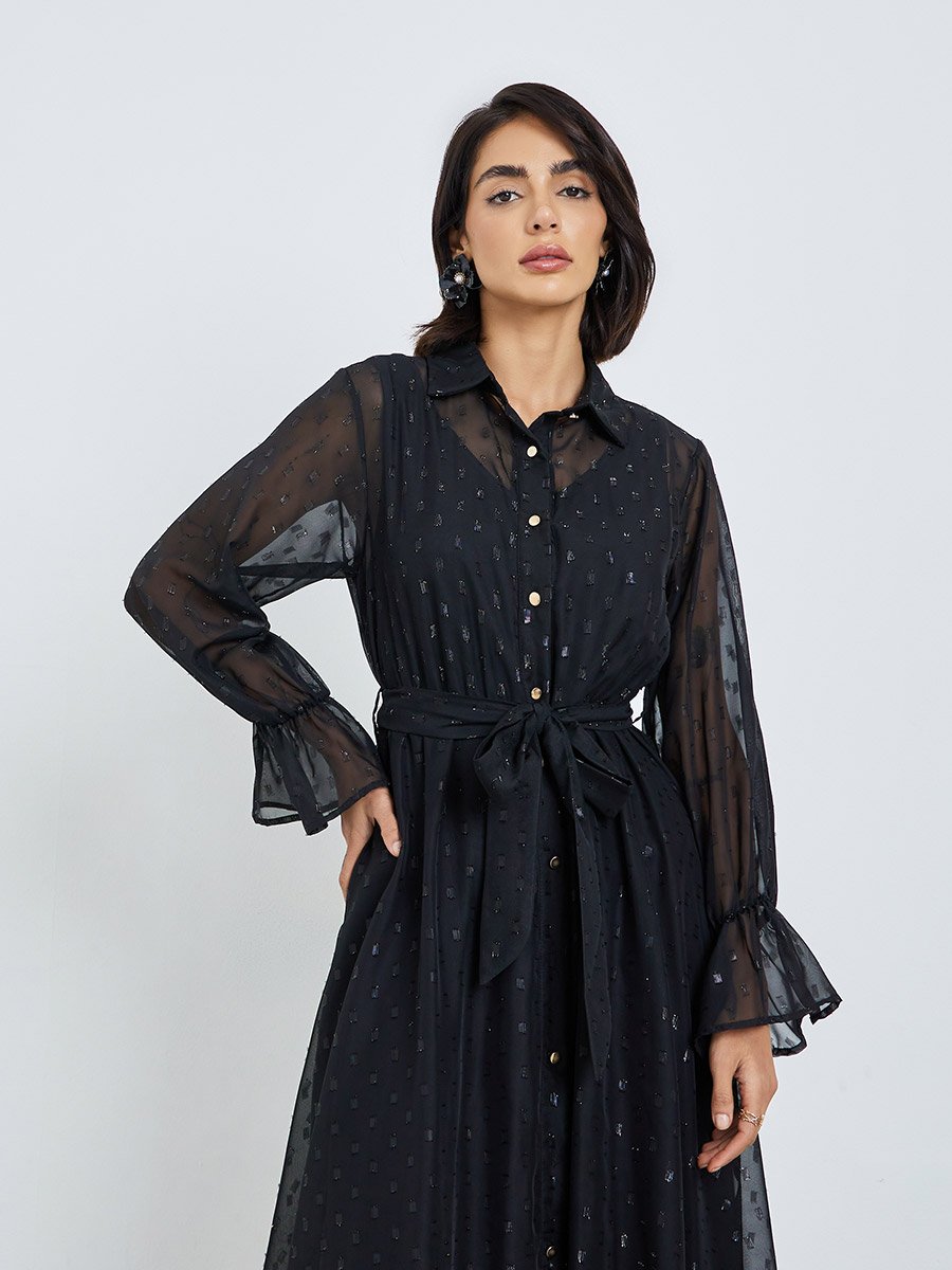 Black Self-Design Shirt Maxi Dress with Tie-Belt