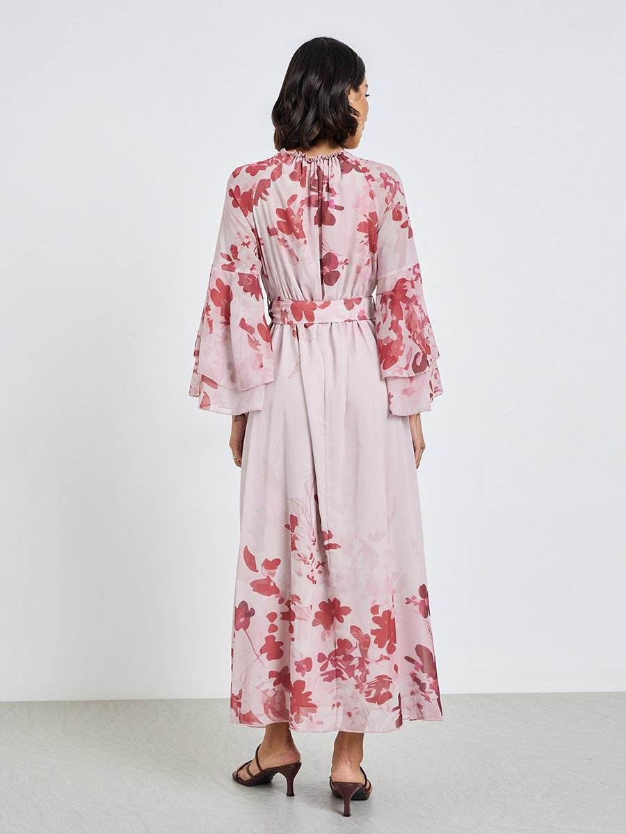Pink Floral Maxi Dress with Bell Sleeves