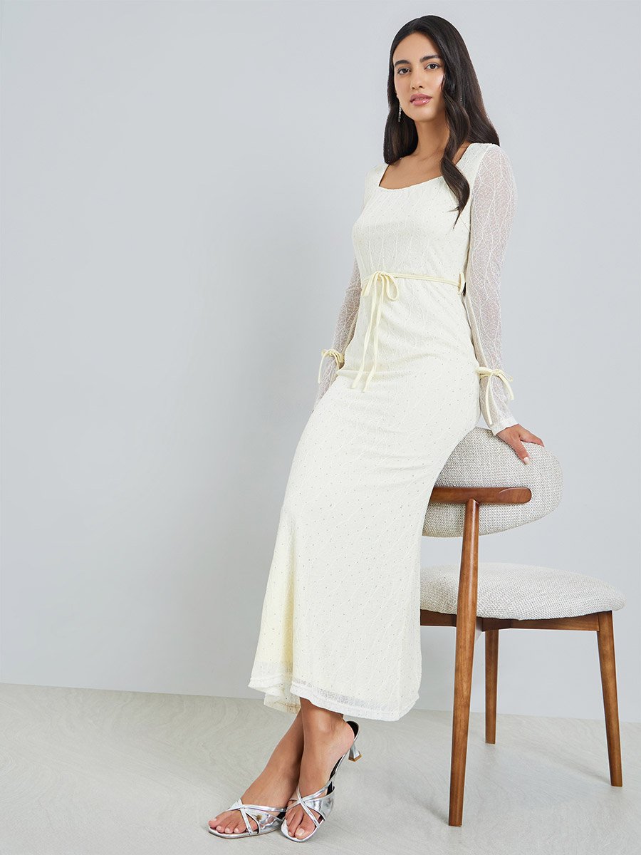 White Lace Long Sleeves Bodycon Maxi Dress For Women at UAE | Styli