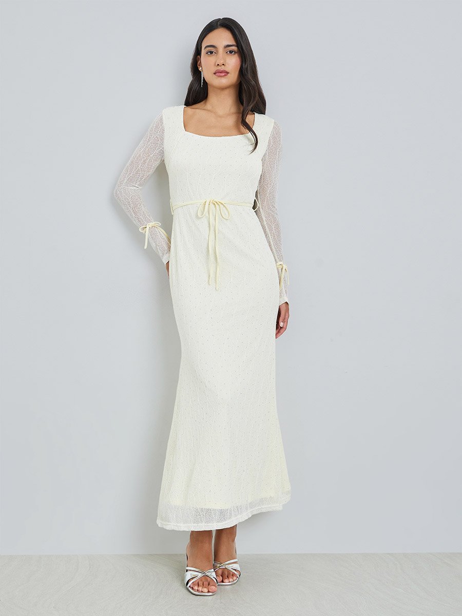White Lace Waist-Tie Maxi Dress