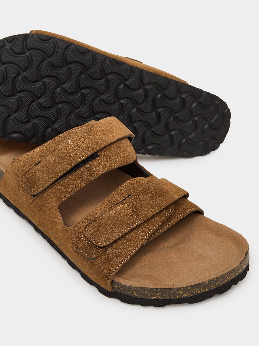 Beige Double Strap Suede Look Casual Sandals