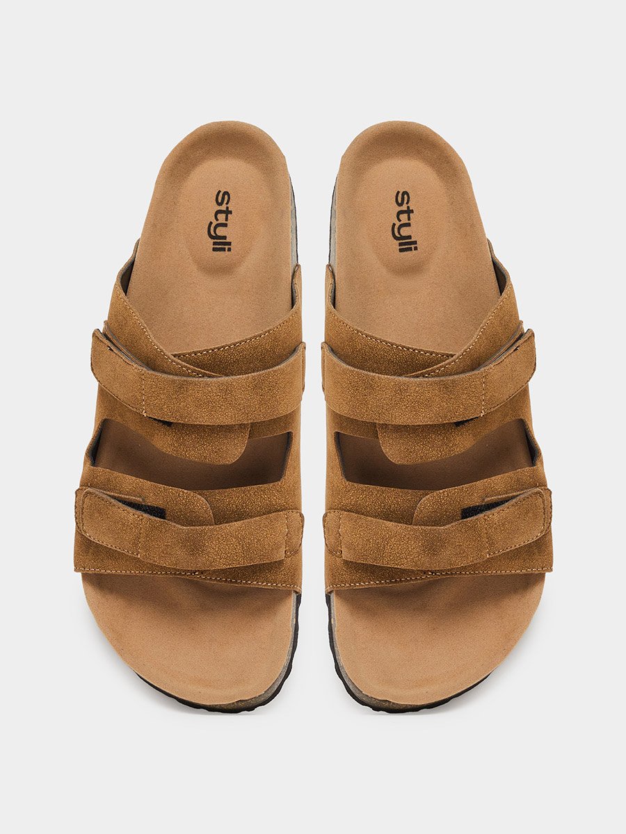 Beige Double Strap Suede Look Casual Sandals