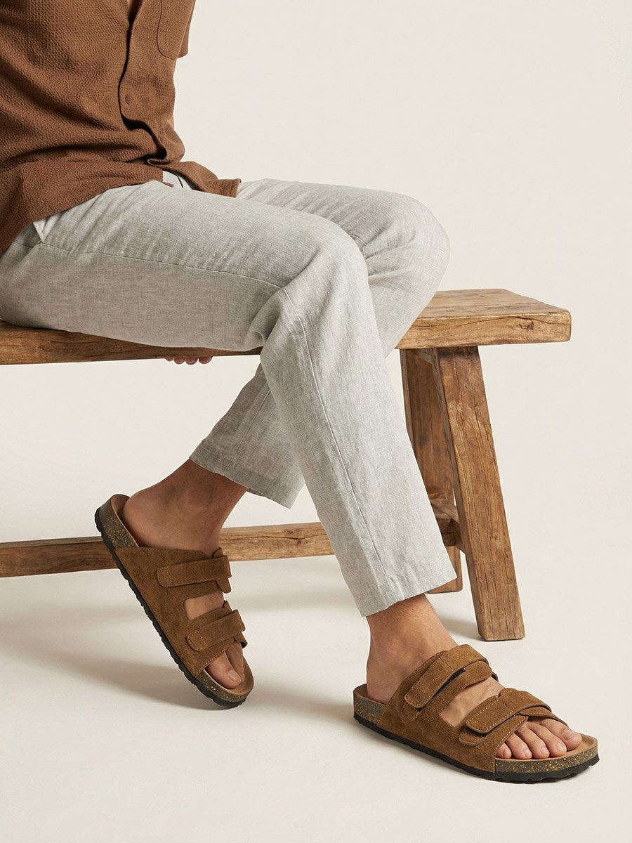 Beige Double Strap Suede Look Casual Sandals