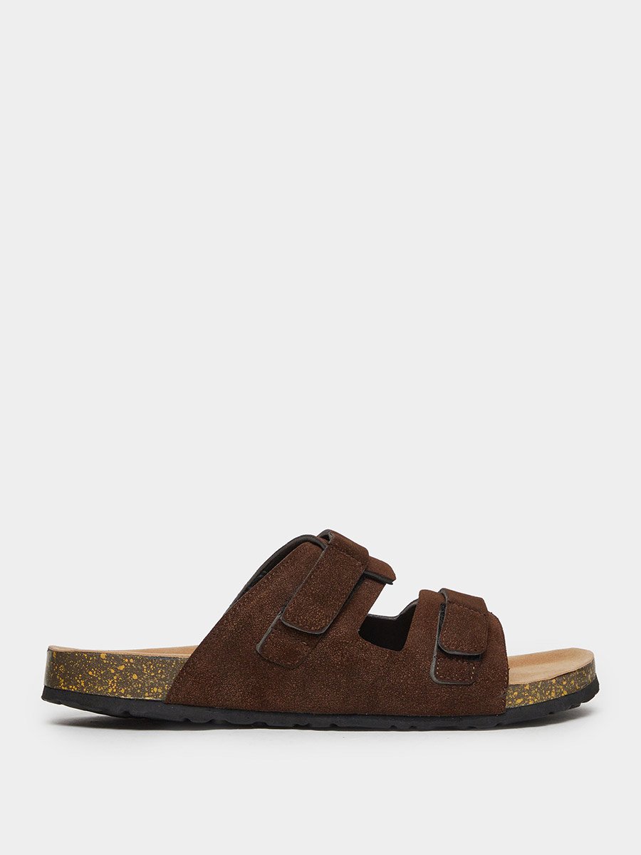 Brown Double Strap Suede Look Casual Sandals