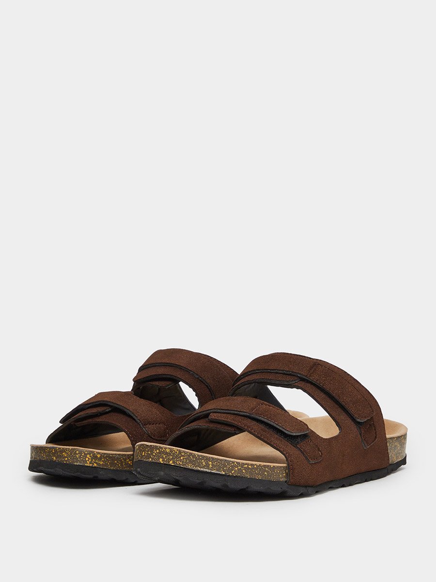 Brown Double Strap Suede Look Casual Sandals