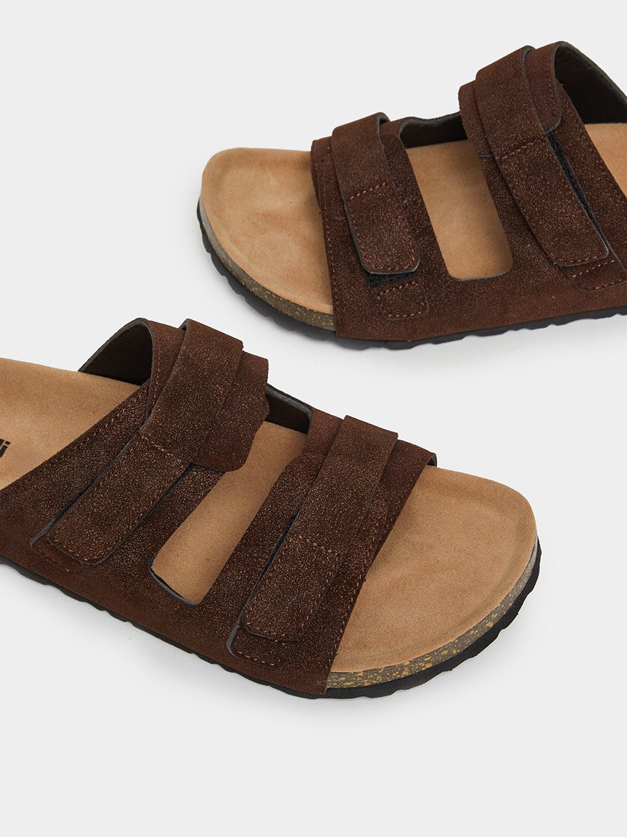 Brown Double Strap Suede Look Casual Sandals