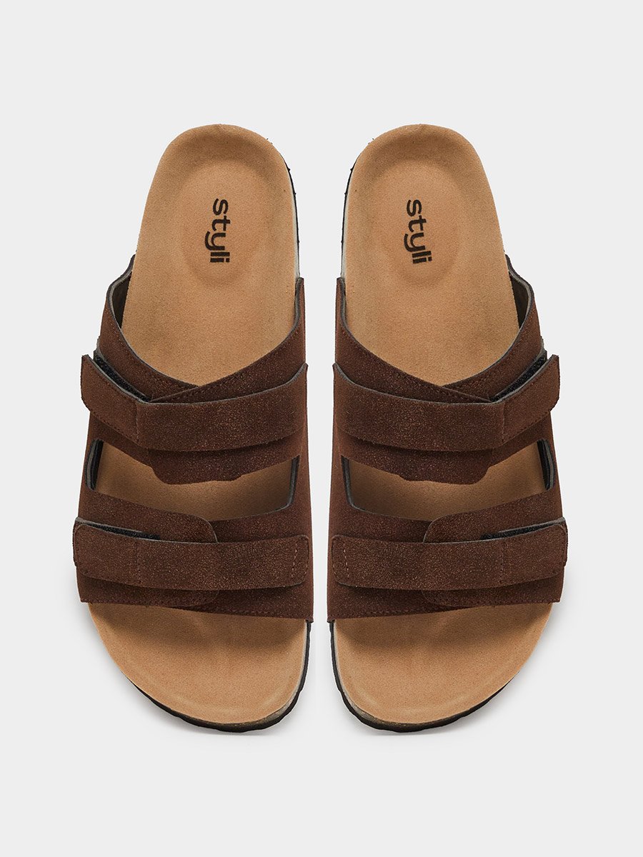 Brown Double Strap Suede Look Casual Sandals