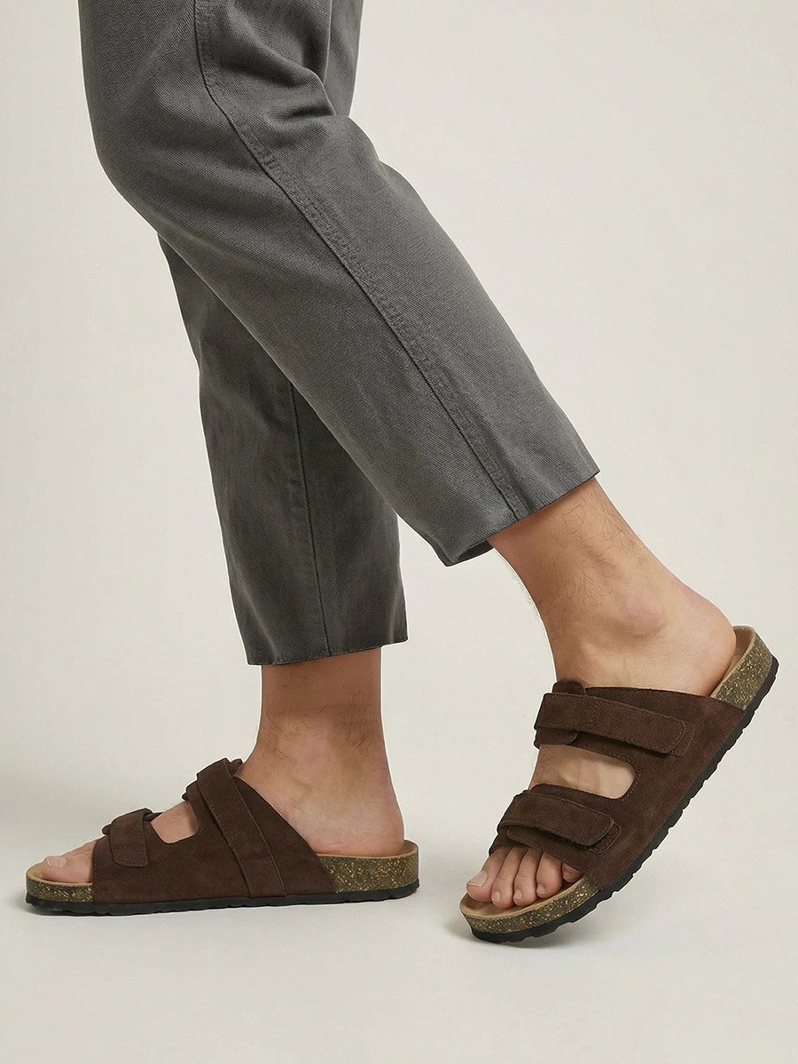 Brown Double Strap Suede Look Casual Sandals