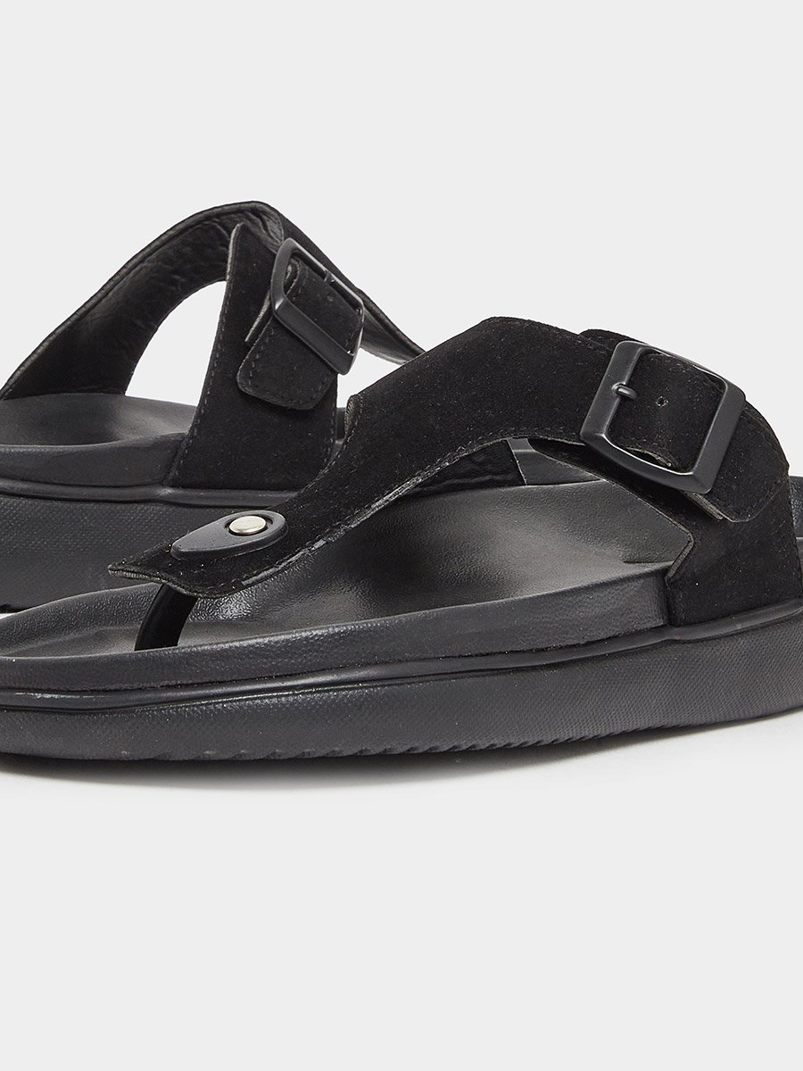 Black Buckle-Up Comfort Thong Sandals