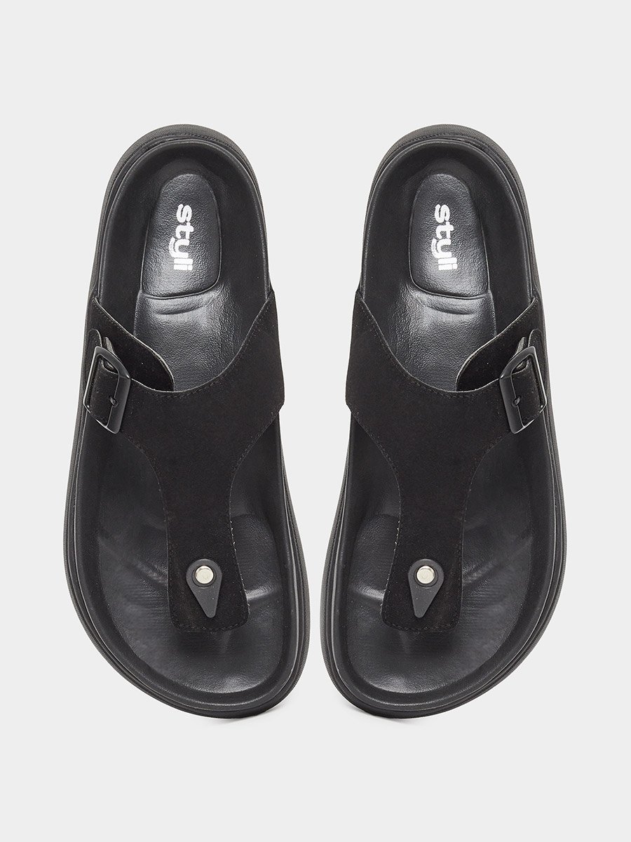 Black Buckle-Up Comfort Thong Sandals