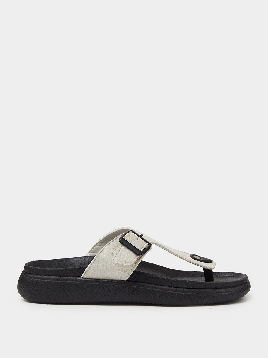 Off White Buckle-Up Comfort Thong Sandals