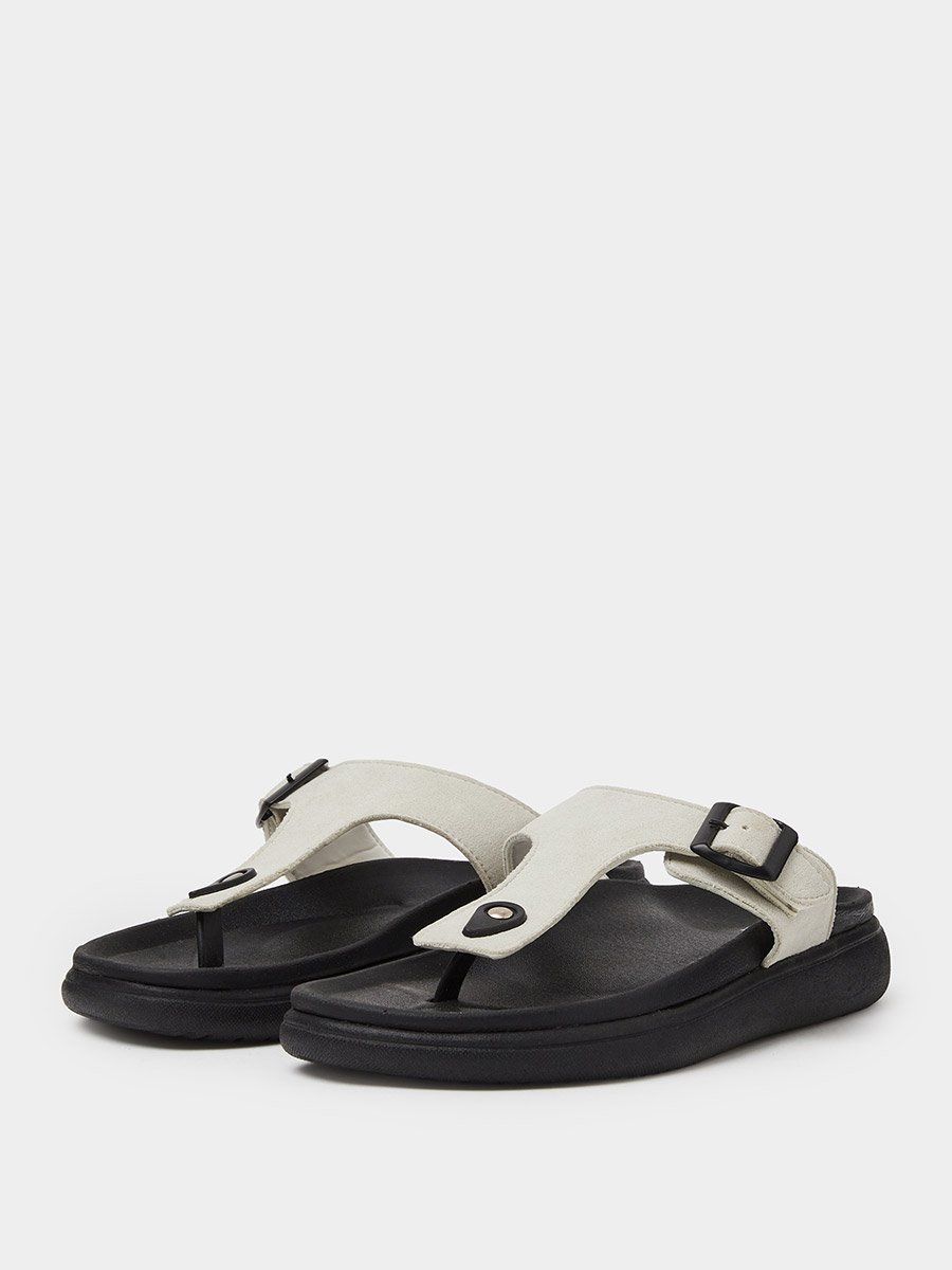 Off White Buckle-Up Comfort Thong Sandals