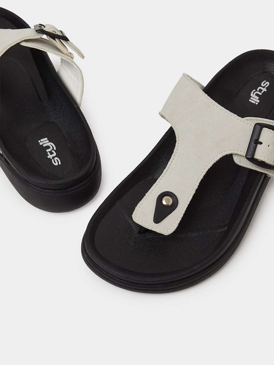 Off White Buckle-Up Comfort Thong Sandals