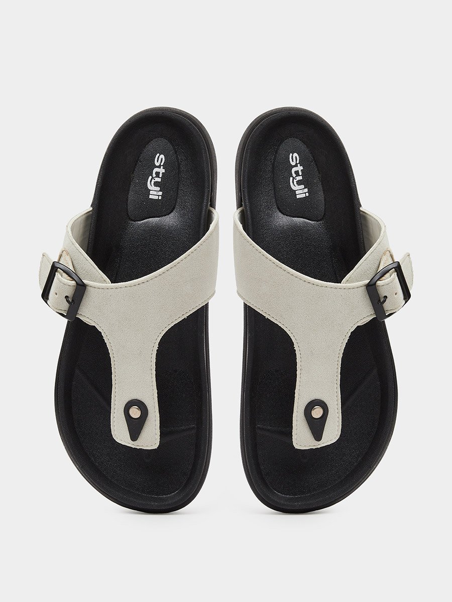 Off White Buckle-Up Comfort Thong Sandals