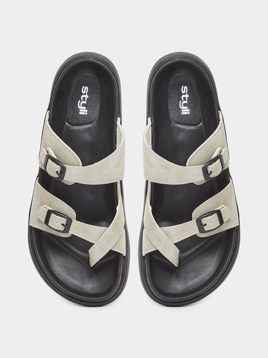 Men Double Strap Buckle Toe Ring Sandals