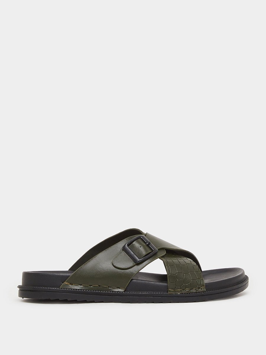 Olive Green Cross Strap Buckle Sandals