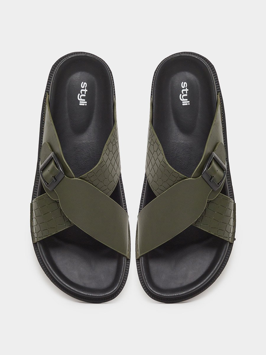 Olive Green Cross Strap Buckle Sandals