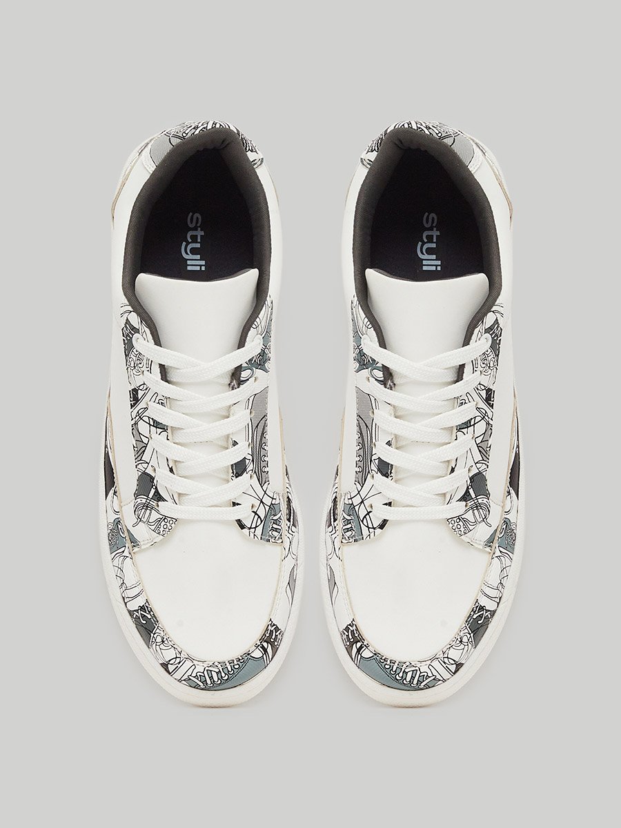 White Patterned Lace-Up Sneakers